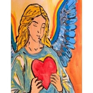 Glowing Angel Heart Colorful Modern Art Acrylic Painting on Canvas Art 16x20